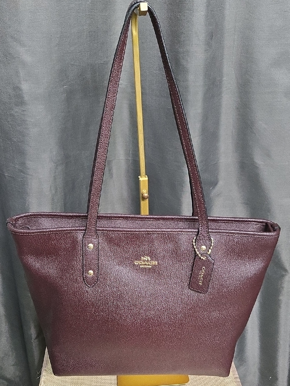Coach Burgundy Textured Leather Shoulder Tote with  Gold Accents